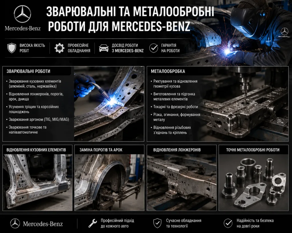 Зварювальні та металообробні роботи для Mercedes-Benz: виготовлення кронштейнів, кріплень та відбійників. Mercedes Service, Підлісся